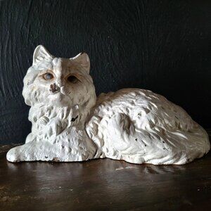 Antique 1920s Hubley Cast Iron Cat Doorstop, Laying Persian Cat Door Stop #335